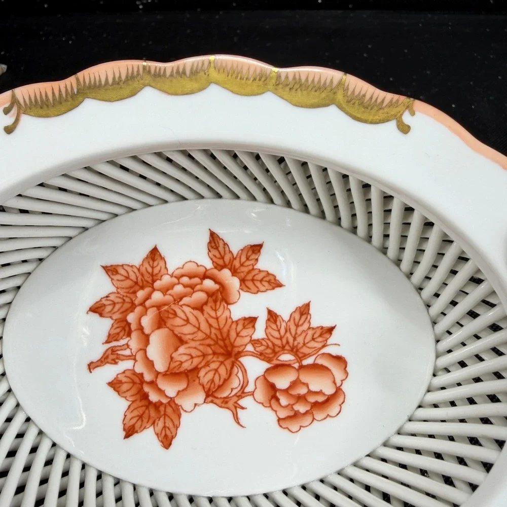 Herend Hungary Hand Painted Rust Floral Reticulated Porcelain Weave Basket Dish
